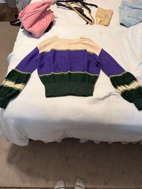 New York & Company Purple, Green and Cream Colorblock Cropped Sweater